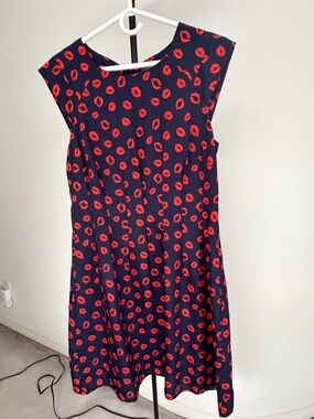 Neiman Marcus Navy Midi Dress with Red Lip Print